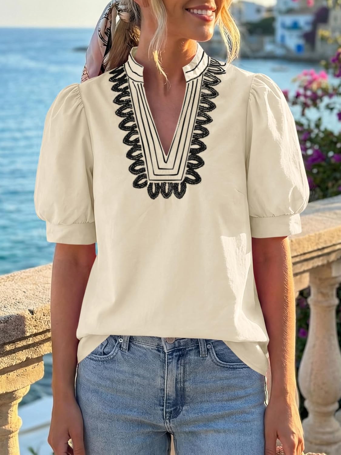 Cicy Bell Womens Puff Short Sleeve Blouses Summer Casual Dressy Embroidered V Neck Tops Loose Fit Tee Shirts - Image 2