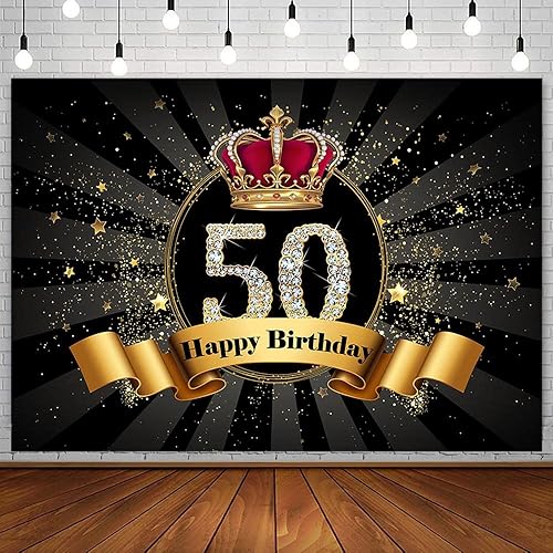 SENDY Telón de fondo para fotografía de fiesta de cumpleaños número 50 de 7 x 50 pies con purpurina negra y dorada para hombre y mujer, fabulosa