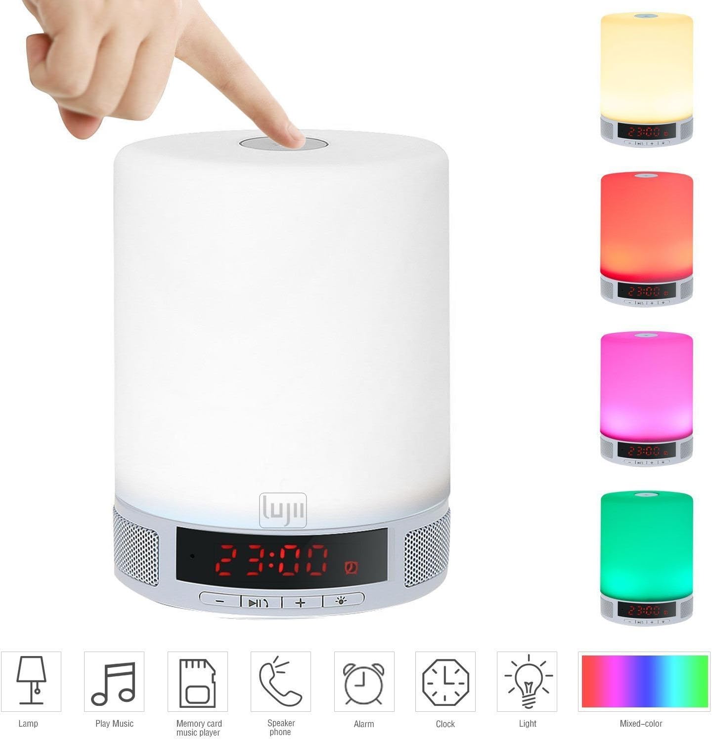 LUJII Bedside Lamp | Dimmable Night Light with Bluetooth 4.0 Speaker, Alarm Clock and LED Time Display, Support TF Card - Bulit-in Microphone and 1800mAh Battery - Hands-Free Calls -All in One