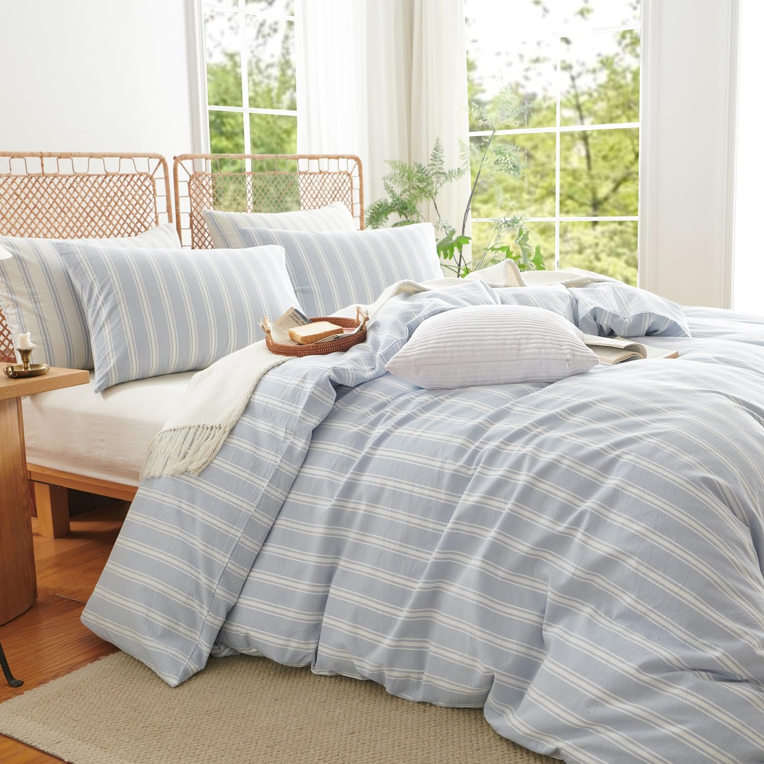 Lanqinglv Bettwäsche 200x200 Baumwolle Gestreift Blau Weiß,100% Renforce Baumwolle Bettwäsche Set mit Reißverschluss,ÖKO-TEX Bettwäsche für Allergiker Geeignet,1 Bettbezug & 2 Kissenbezug 80x80 cm