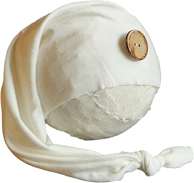 AMOS and SAWYER Knotted Sleeping Hat, Photography Prop (Newborn, Ivory - Round Button)