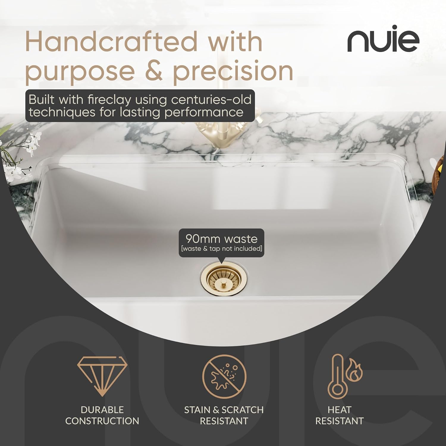 Nuie White Kitchen Sink 36 inch Single Bowl Apron Front Farmhouse Sink with Central Waste Position, Fireclay Ceramic Kitchen Sinks, Farmhouse Sinks for Kitchens - 36x18x10" (White)