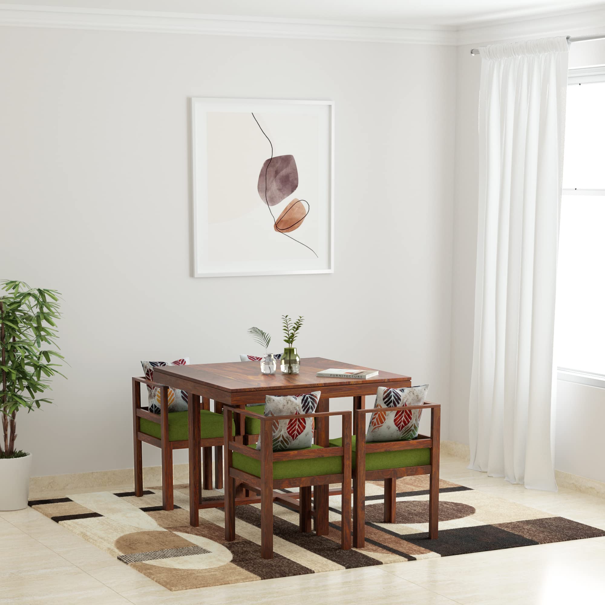 KHUDIWAL Sheesham Wood 4 Seater Dining Table Set for Home Hall || Solid Wood Dining Table with 4 Chairs for Hotels | Dining Room Sets - Teak Finish (Small Pillows Not Included)-image-36