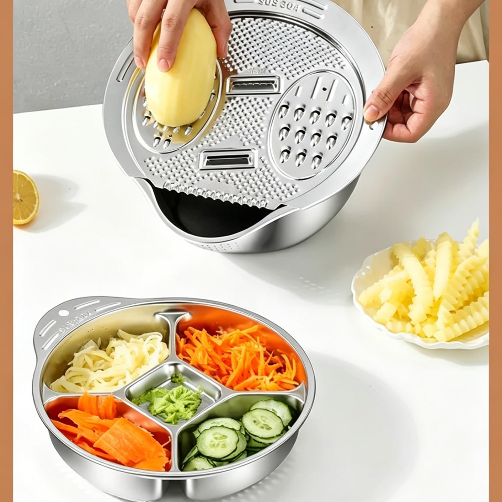 Mandolina de Cocina Profesional Cortador de Verdura con Tapa Ralladora, Proceso Estampado una Sola Pieza, Fácil Limpiar, con Bandeja Divisoria 4 Compartimentos