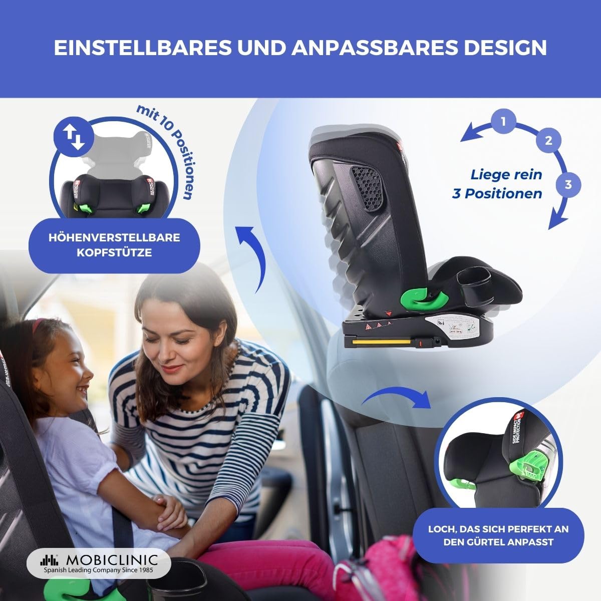 Mobiclinic® kids, Kindersitz, I-size, Isofix, Gruppe 2/3, 36kg, 4-12 jahre, Lionfix max, Entwicklungsfähig, 100-150cm, Seitenschutz, Verstellbare kopfstütze, 3 positionen verstellbar, Getränkehalter