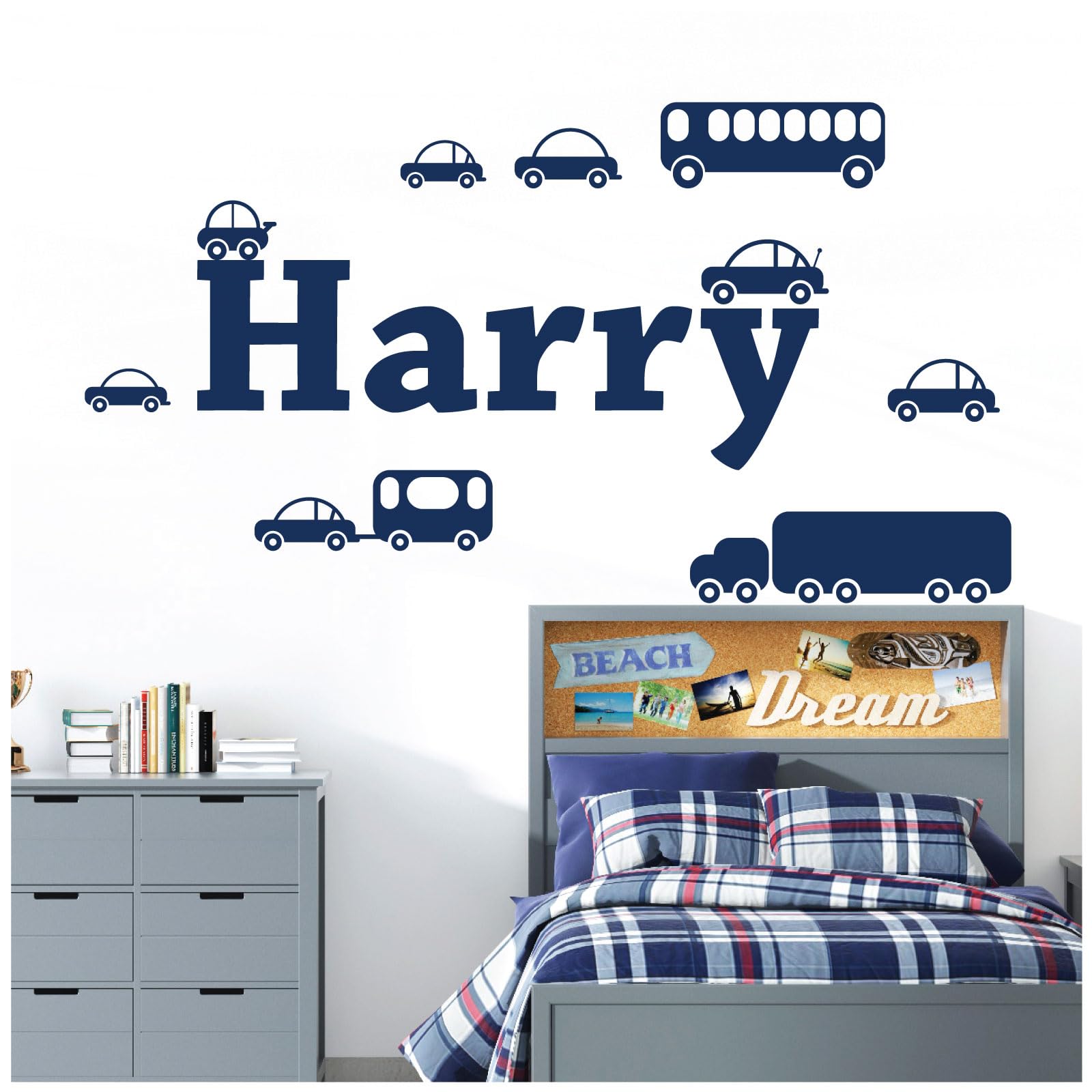 Personalised Name Boys Wall Art Sticker - Cartoon Trucks, Cars, Bus, Caravan, Taxi Set [Large] [Cobalt] — image 1