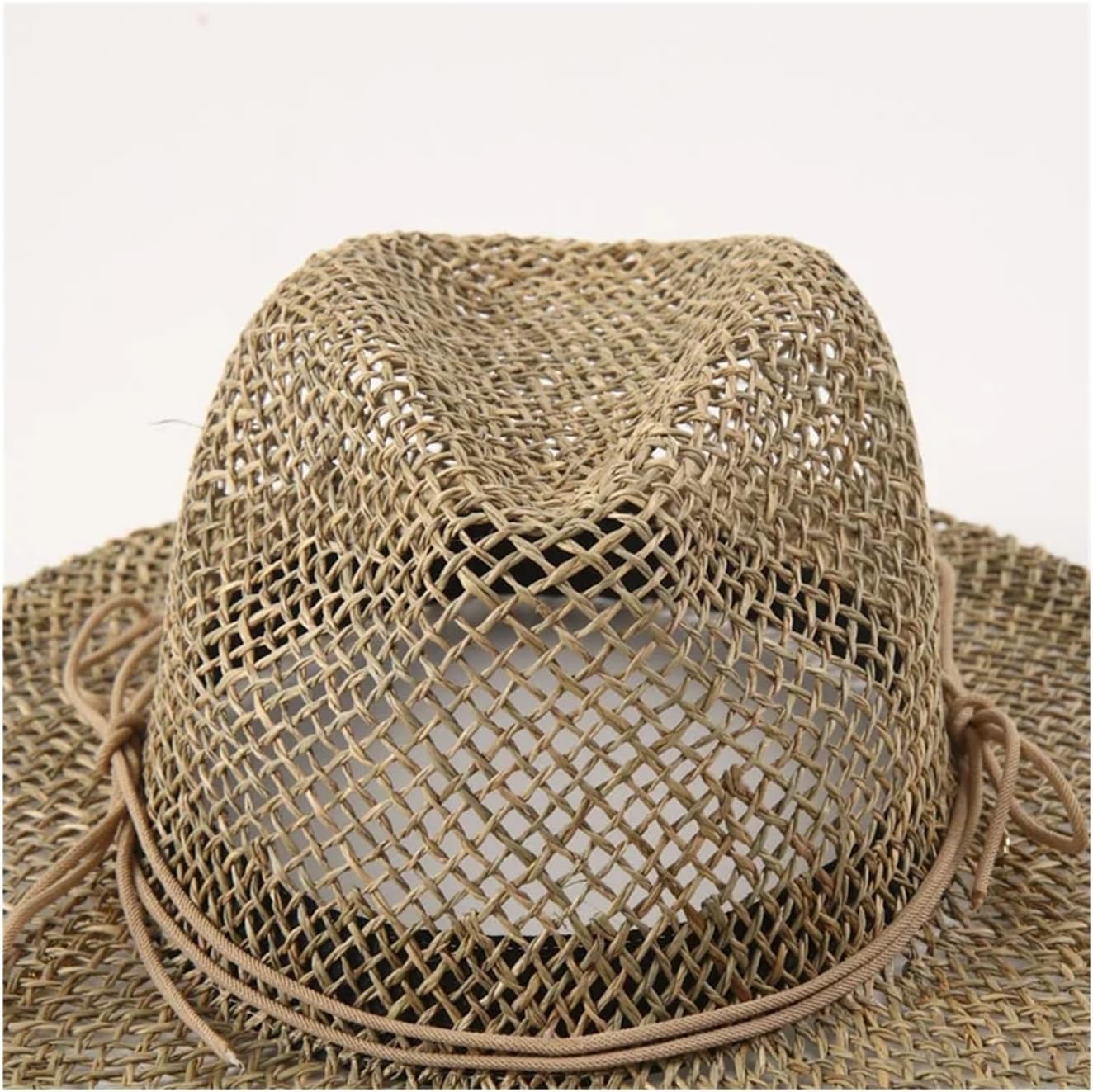 Women's Straw Fedora Sun Hat – Wide Brim Sea Grass with Gold Chain Detail for Summer and Beach