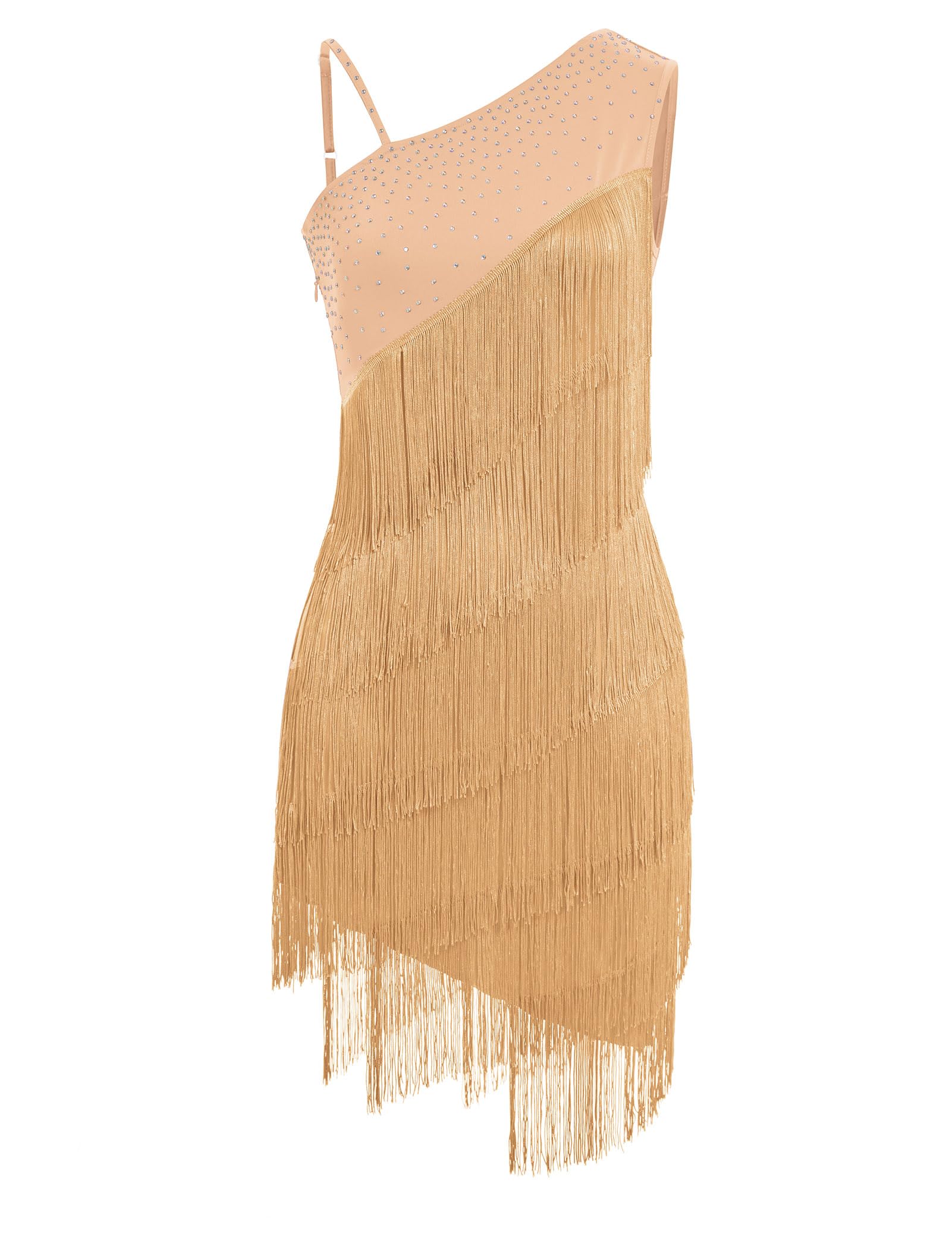 IWEMEK Asymmetrisches Latein-Tanzkleid für Damen, einschultrig, Strass, Fransenkleid, 1920er-Jahre, Quaste, Flapper, Ballsaal, Tanzkleidung
