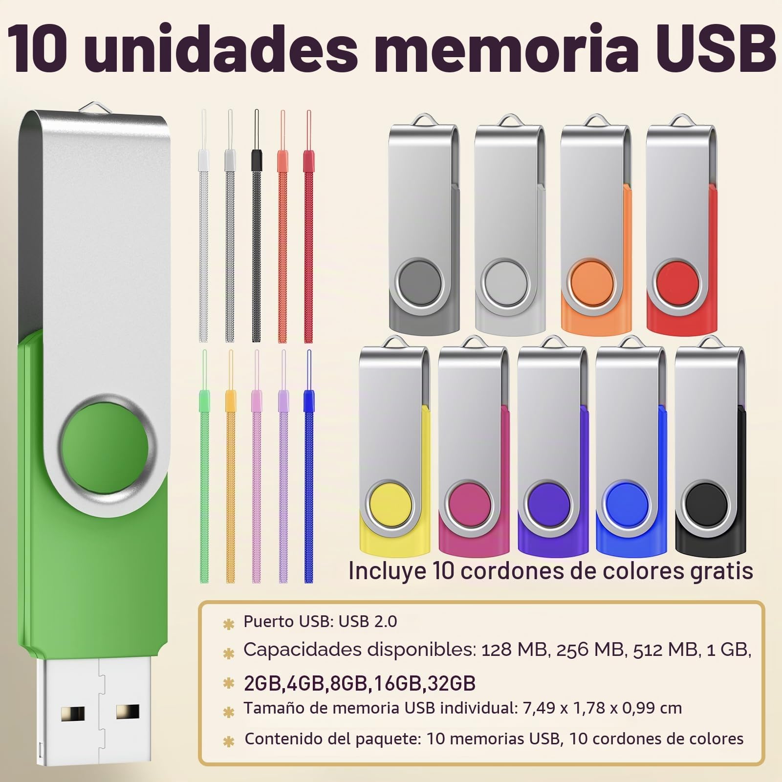 Memoria USB 128MB 10 Piezas Pen Drives - Portátil Unidad Flash USB Práctico PenDrive con 10 Unidades Cuerdas - Multicolor Giratoria USB 2.0 Flash Drive Pequeña Capacidad 128 MB by FEBNISCTE