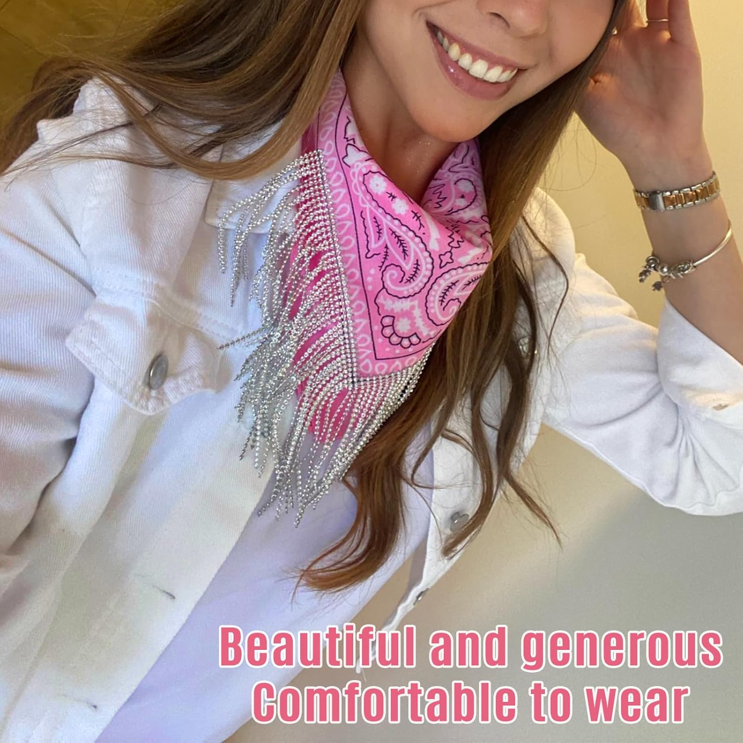 Fringe Rhinestone Bandana with Heart Sunglasses, Disco Cowgirl Boy Paisley Pattern Face Mask Square Scarf Headwear - Image 5