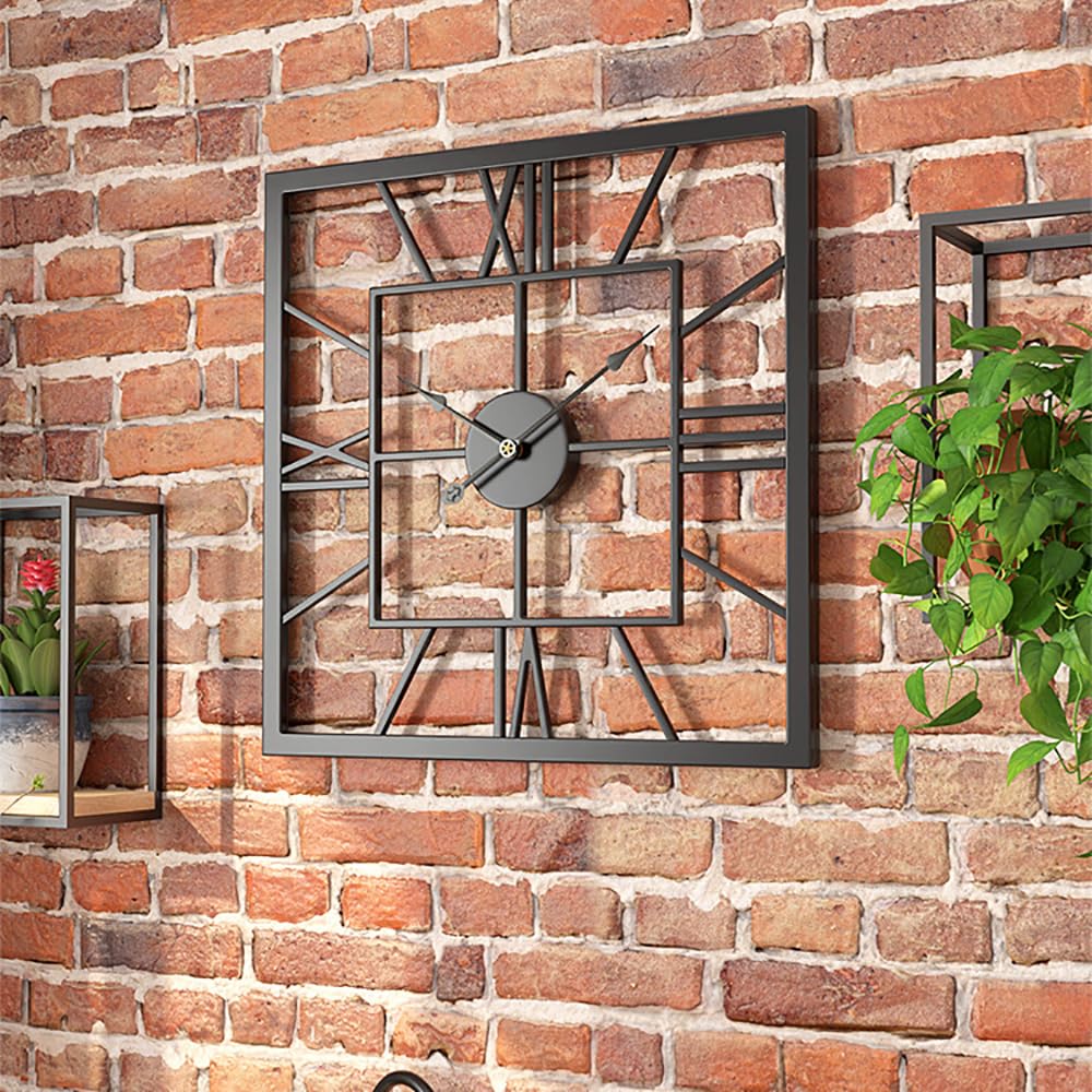 Reloj de pared vintage grande de metal negro de 50 cm, cuadrado, silencioso, números romanos, reloj colgante para sala de estar, dormitorio, cocina, cafetería, hotel, funciona con pilas, elegante