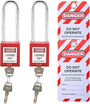 RealPlus Red Lockout Locks Set - 2 Keyed Different Safety Padlocks with 2 Keys Each, 2 Lockout Tags, OSHA Compliant, Longer Shackle