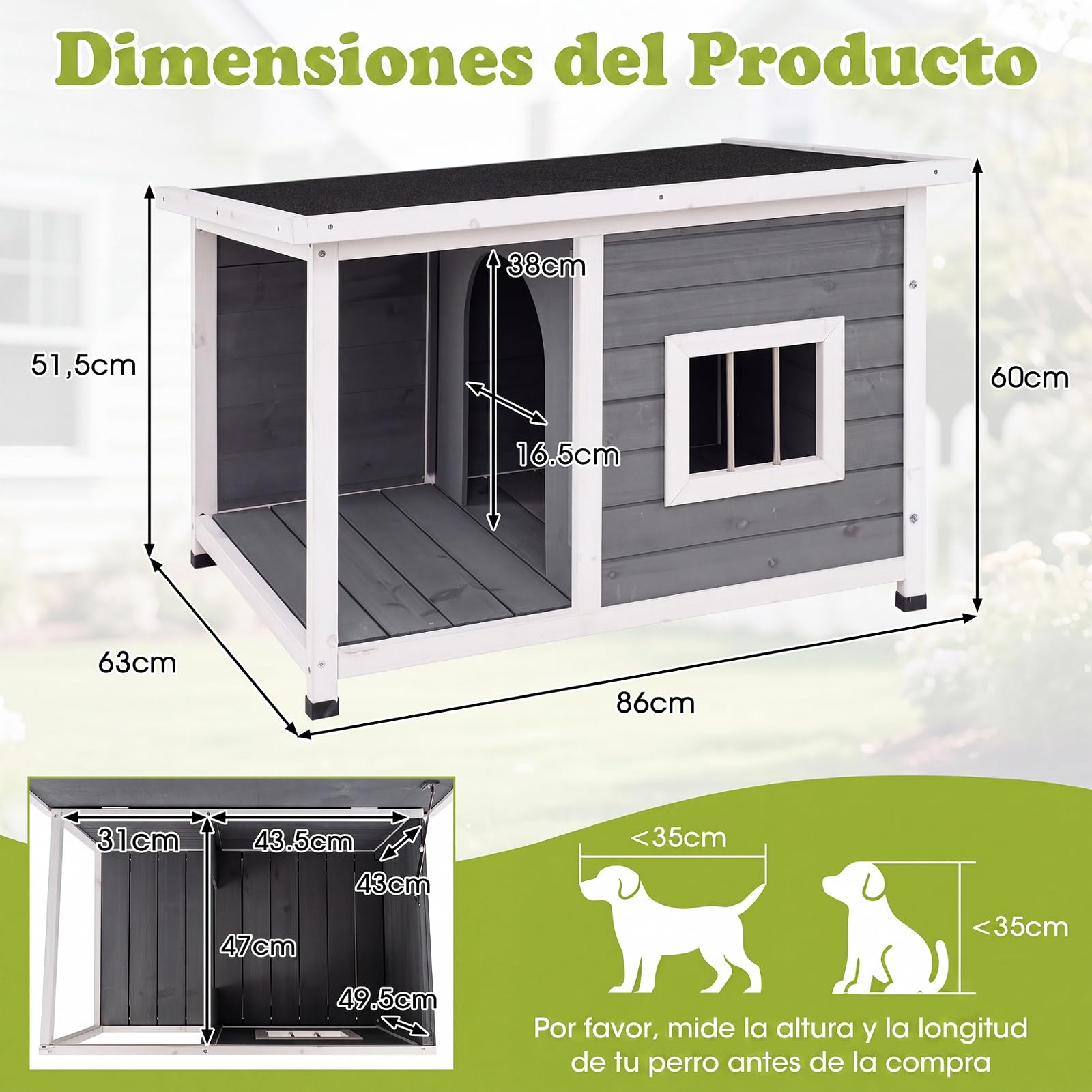 COSTWAY Casa para Mascotas Impermeable con Porche, 86 x 63 x 60 cm | Caseta para Perros con Techo de Asfalto Inclinado Abatible, Base Elevada y Ventana, Perrera Refugio para Interior Exterior