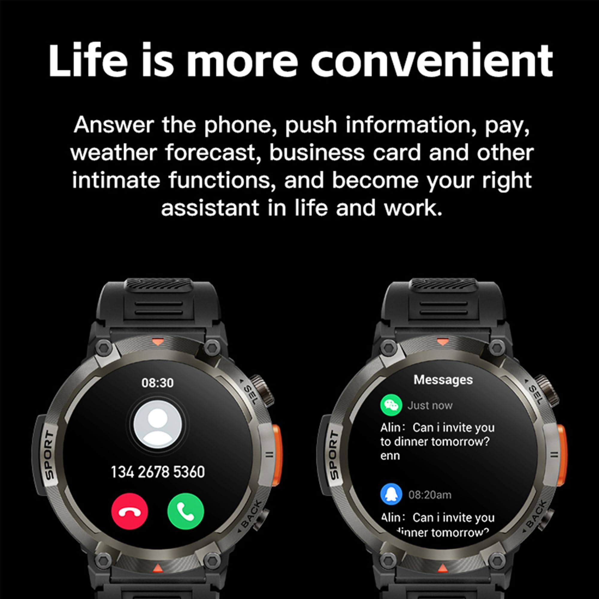 Smartwatche Mężczyźni z Funkcje Telefonu Bluetooth, Sportowy Smartwatch 1,45 Cala ze 123 trybami Sportowymi, Pochodnia, Pomiarem Tętna, Odtwarzaczem Muzycznym, Wodoodpornością IP68 dla Android iOS