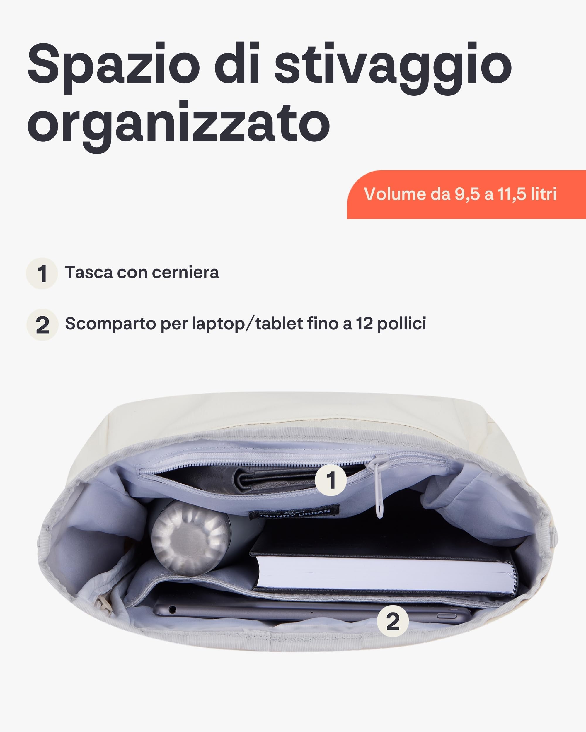 Johnny Urban Zaino Donna e Uomo Bianco - Robin Small - Zainetto Rolltop per Lavoro Viaggio Università -Scomparto per Laptop 12 Pollici - Sacca Casual per Ufficio e Lavoro - Idrorepellente