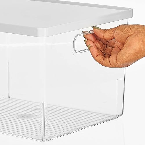 Miniatura 7 de mDesign Caja grande de plástico apilable para gabinete de cocina, asas y tapa, nevera, gabinete, organizador de mostrador para aperitivos,
