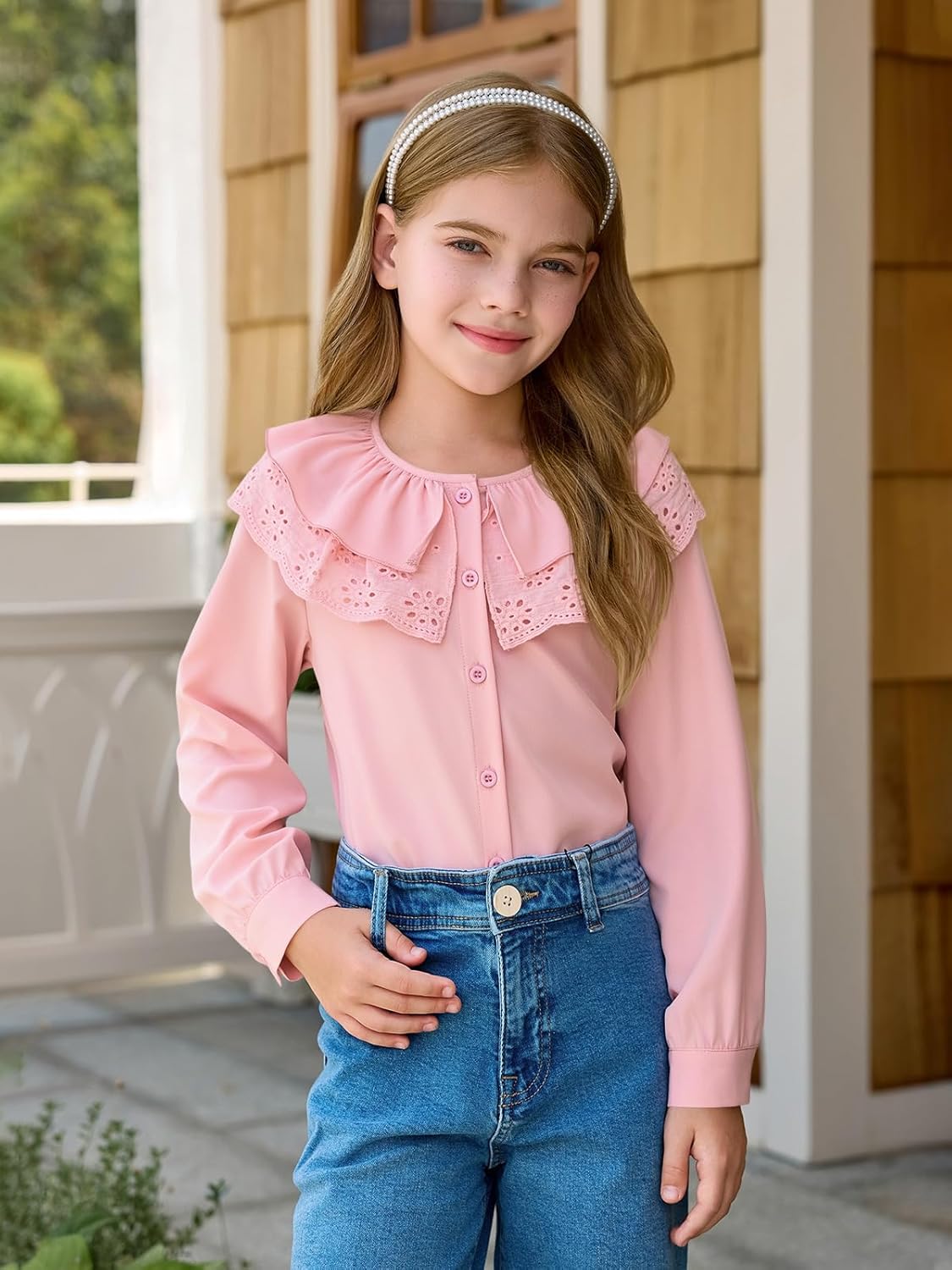 Girls Eyelet Ruffle Collar Blouse Kids Long Sleeve Button Down Shirt Cute Uniform Tops 5-14 Years - Image 3