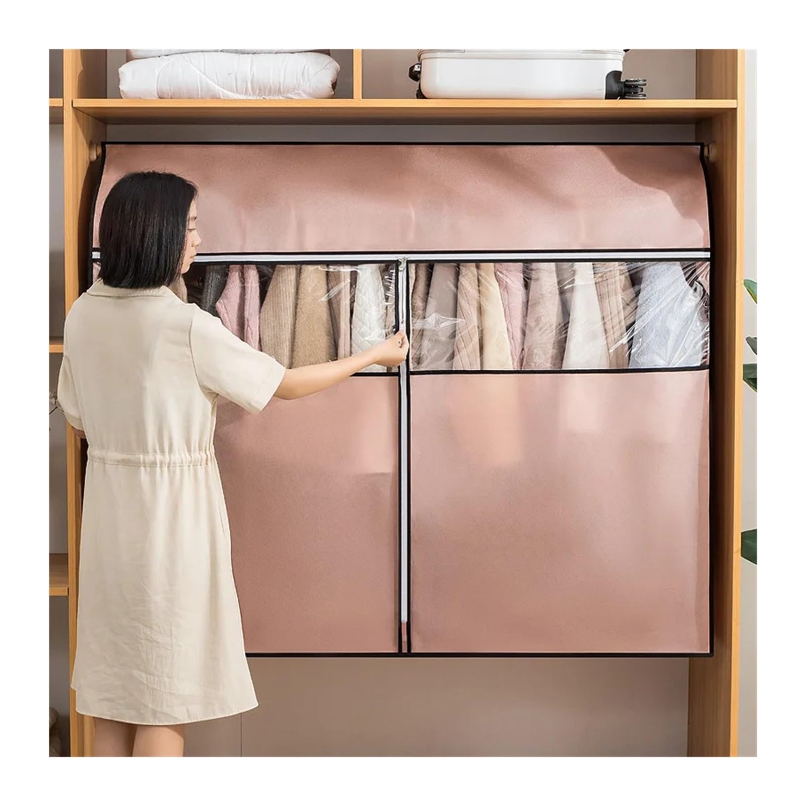 Schutzhülle für Kleiderständer Kleiderständer-Abdeckung aus Vliesstoff, staubdicht, for Kleiderständer, Taschen, Reißverschluss/Kleiderschutz, Kleiderschrank(Beige,3XL(120x50x120CM))