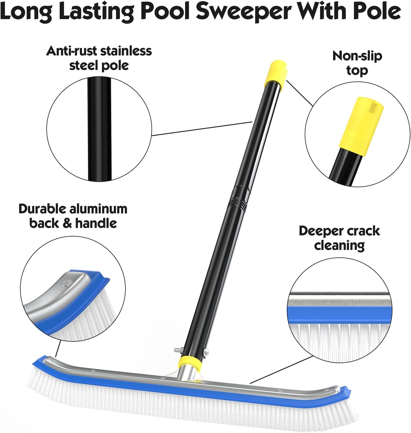 Pool Brush with Pole 8FT Extension Rod, 18" Swimming Pool Brush Head Nylon Bristles Polished Aluminum Back with 8FT Adjustable Rust-Free Pole for Clean Wall Tiles Floor Above Ground Ponds