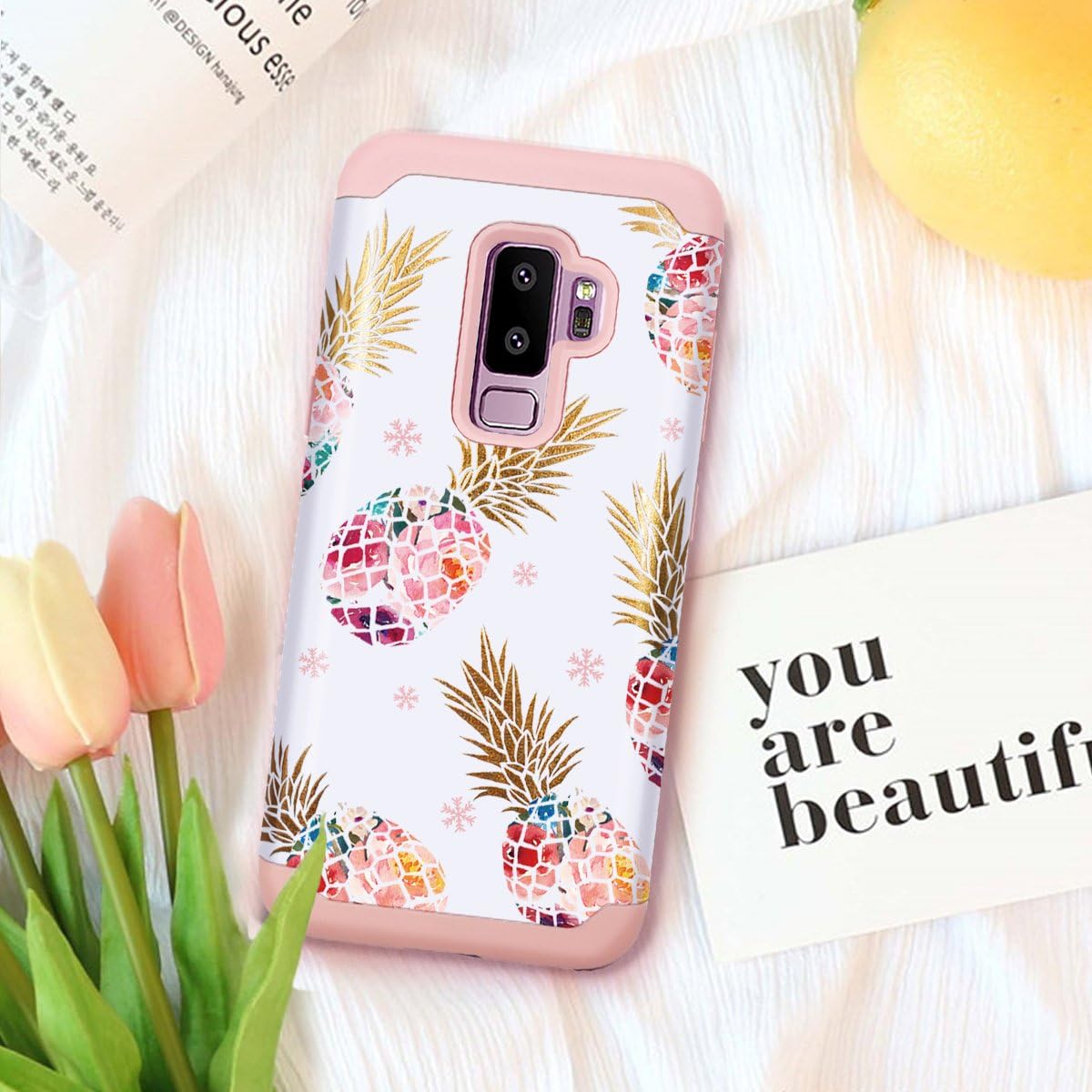 Fingic Samsung S9 Plus Case,S9 Plus Case Pineapple, Slim&Shiny Multi-Colorful Pineapple Cover Hard PC&Soft Rubber Anti-Scratch Skin Cover for Samsung Galaxy S9 Plus6.2(2018),Floral Pineapple/Pink