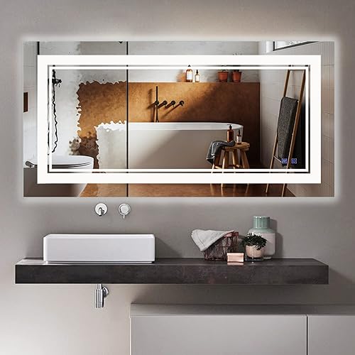 BEGGI Espejo LED de 48 x 24 pulgadas espejo de tocador de baño con luz espejo grande antivaho iluminado para pared espejo de tocador regulable con