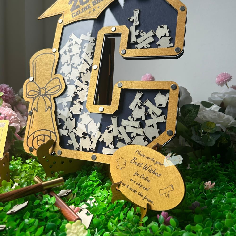 Graduation Guest Book Alternative - Monogram Letter Wood Shadow Box Drop Frame with Clear Front - Custom Graduate Name Year Class of 2026 - Wooden Drop in Chips with Display Stand