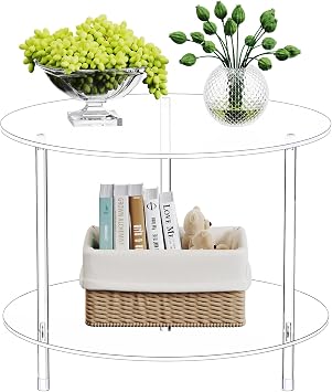 Clear Round Acrylic Coffee Table with Storage, 23.6" L x 23.6" W x 18.4" H, 2 Tier Modern Lucite Center Side End Tables for Living Room, Thicken Sturdy Transparent Circle Accent Tea Table 0041