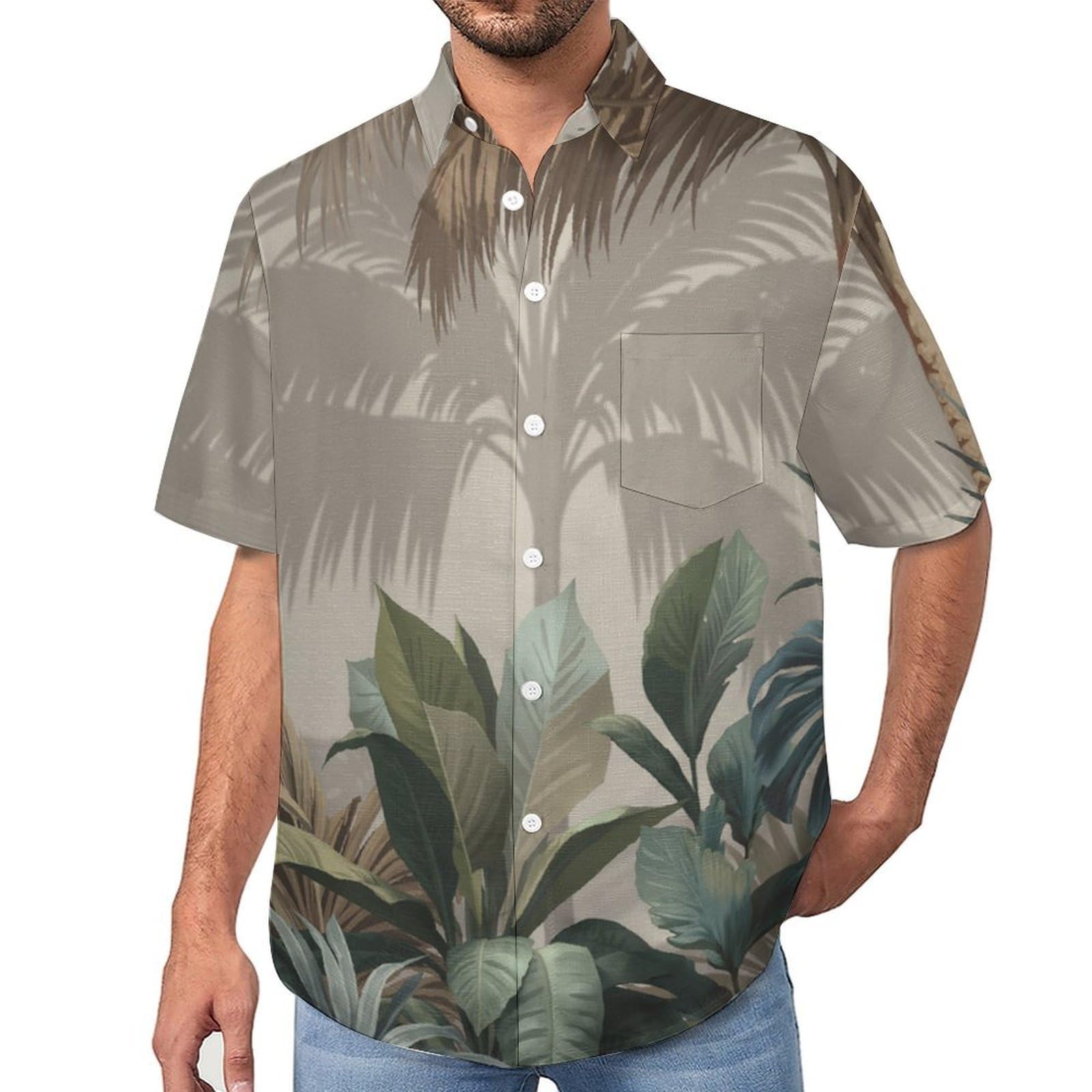 Camicia Casual da Uomo, Illustrazione di Foglie Stampa Maglietta Estiva a Maniche Corte Stile Piante di Palma Tropicale Casual Button Down Hawaiani Camicie Risvolto Spiaggia Top