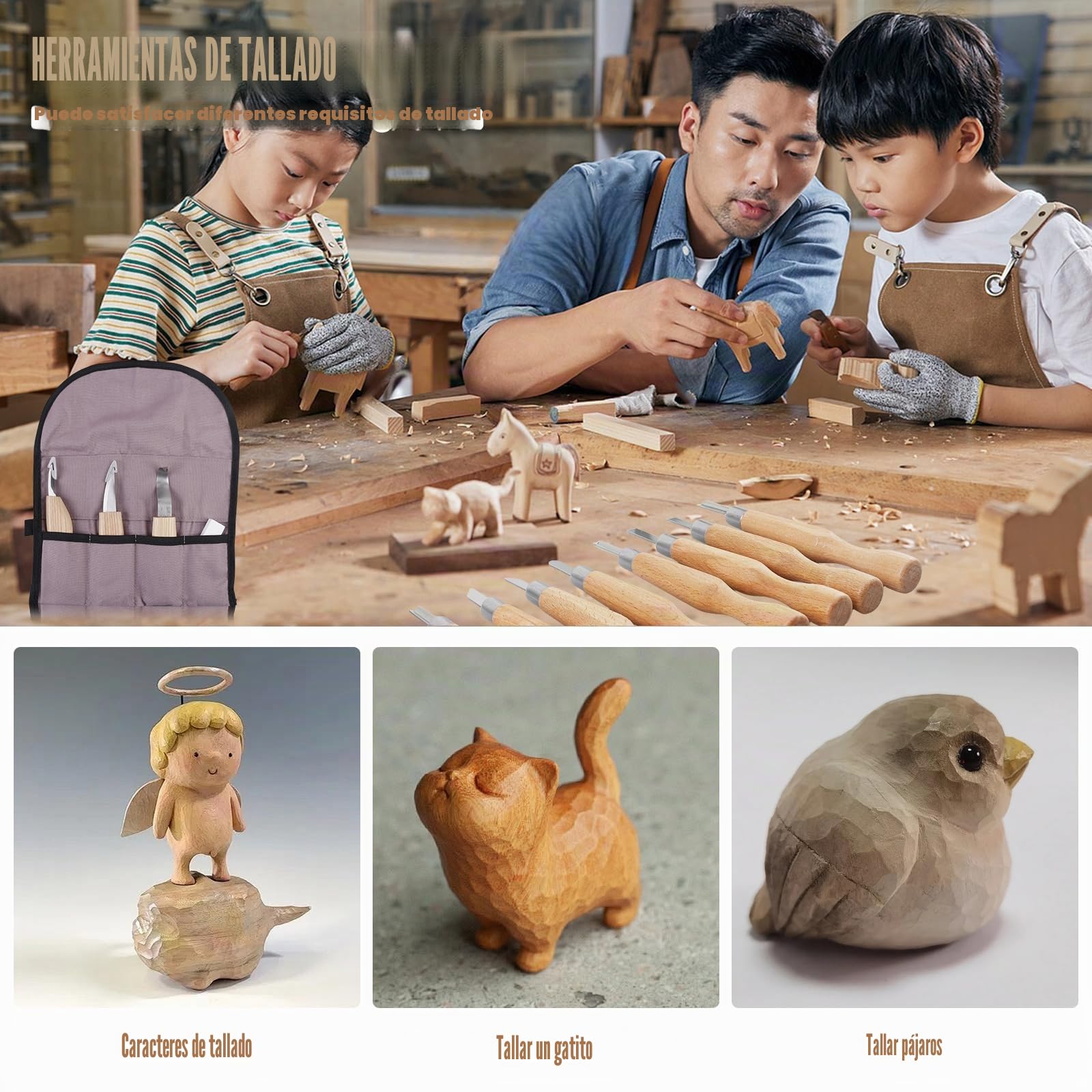 HOSPAOP Juego de 21 herramientas para tallar madera, juego de tallado de madera para adultos y niños, juego de tallado con piedra de afilar y guantes resistentes a los cortes