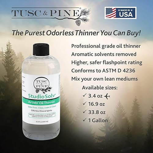 Miniatura 3 de Tusc & Pine StudioSolv Spirits minerales inodoros - Disolvente purificado sin olor para aceites adelgazantes, artistas, diluyentes de pintura,