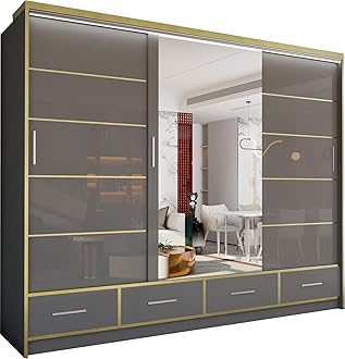 MN Furniture Sudenia High Gloss 2 & 3 Sliding Doors Wardrobe with Mirror, Drawers Cabinet with Storage Cabinets Hanging Rails Art Decor Closet in White, Black and Grey (Grey, 253cm)