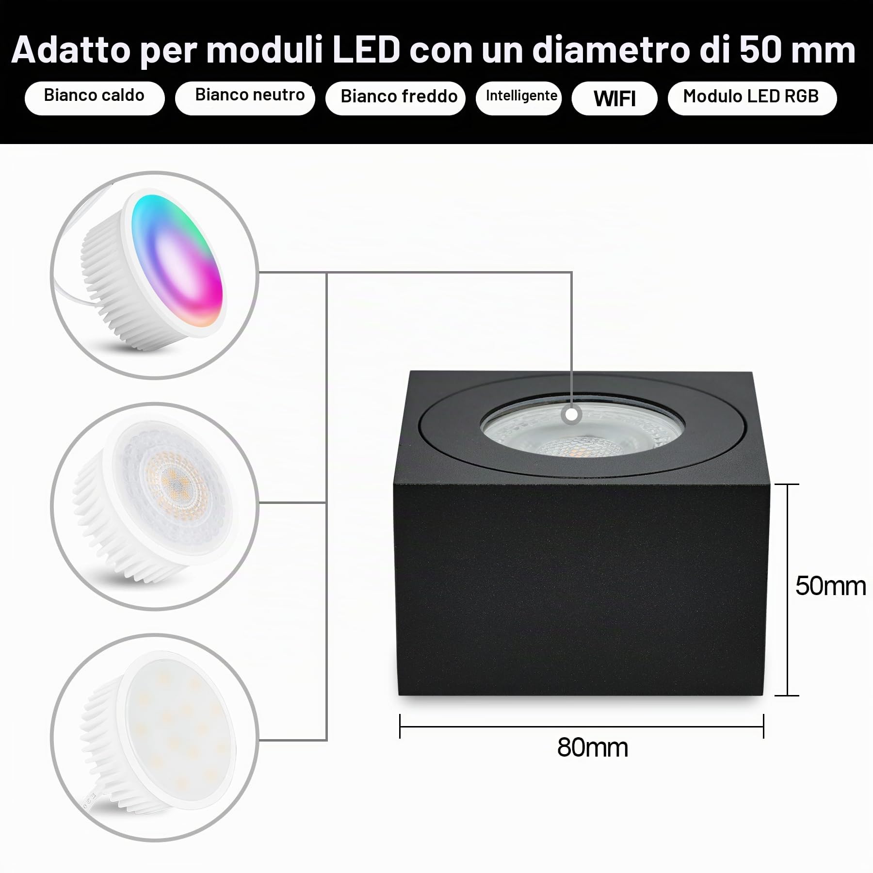 KYOTECH Faretto da soffitto a LED Quadrata IP44 Ø80*80 * 50mm Apparecchio a Plafone Plafoniera per moduli LED Spot Alluminio per Bagno Soggiorno Cucina, lampadine non incluse,Nero Set da 4