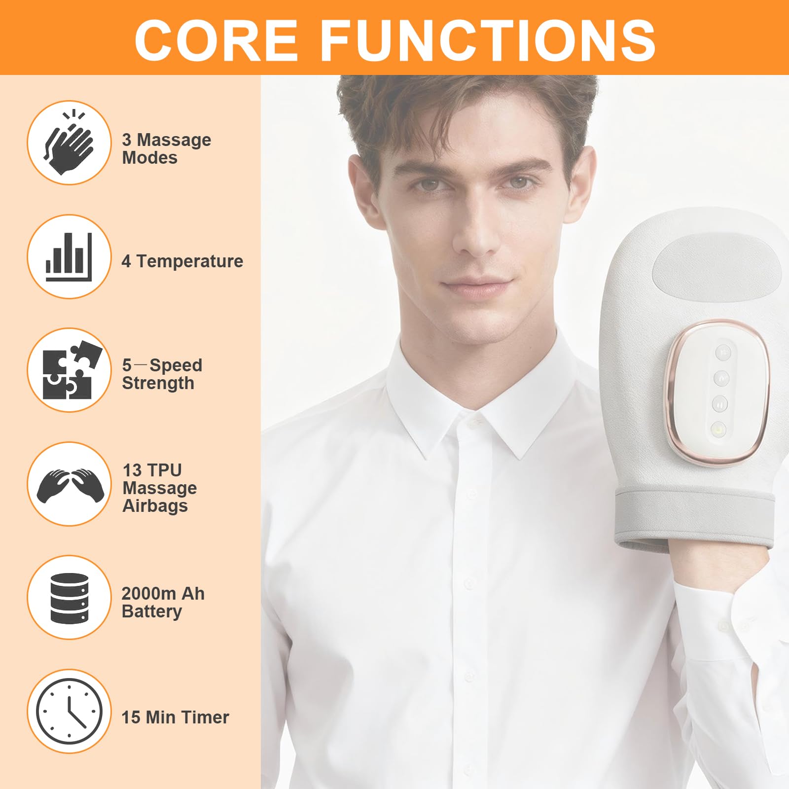 Massaggiatore Mani Intelligente，Con Calore & Compressione Aria, 3 Modalità 5 Intensità, Senza Fili per Conforto & Relax Mani, Ricaricabile Regalo