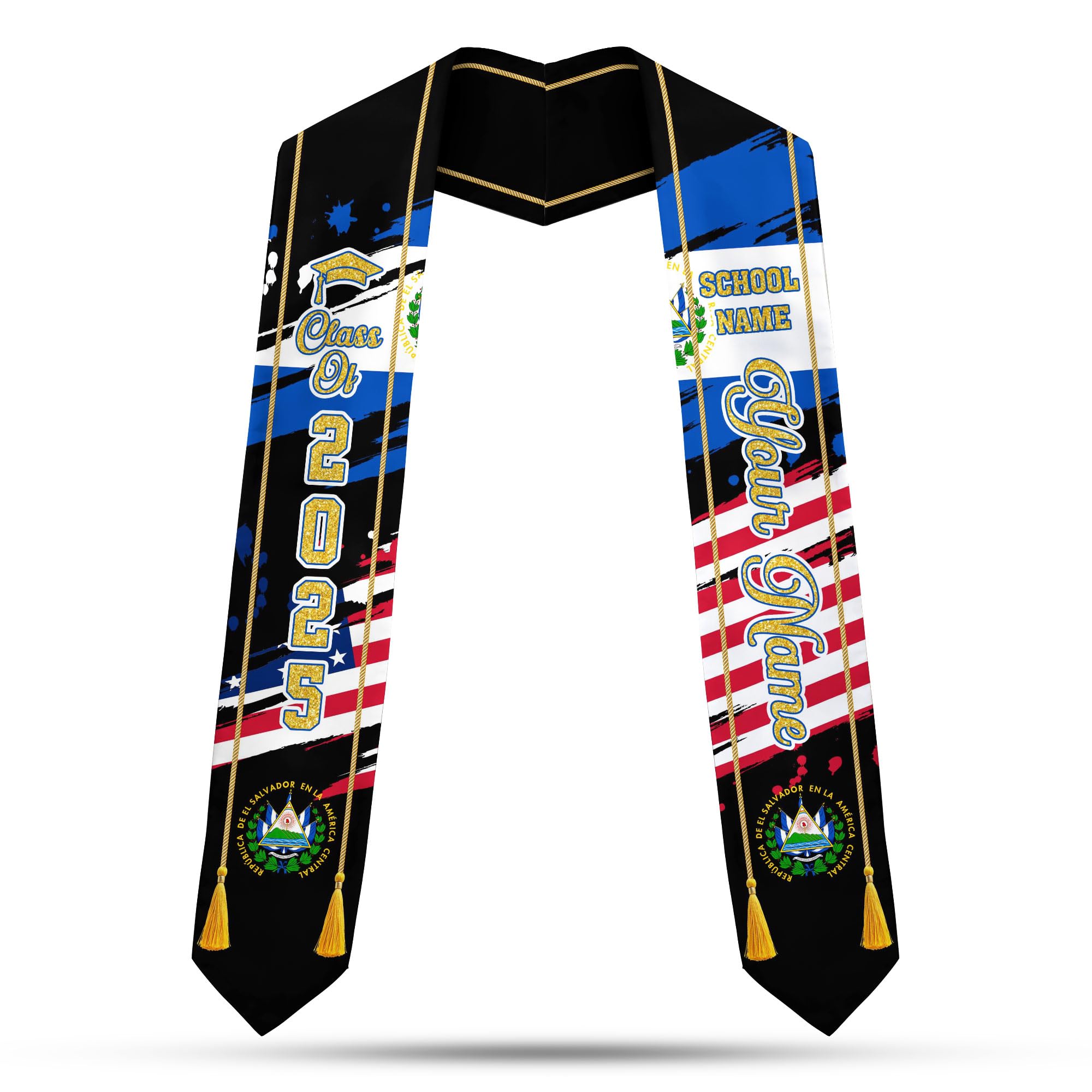 MonkeyVan Custom Salvadoran Graduation Stole 2025,Personalized El Salvador Flag Graduation Sash,Salvadoran American Stole S18