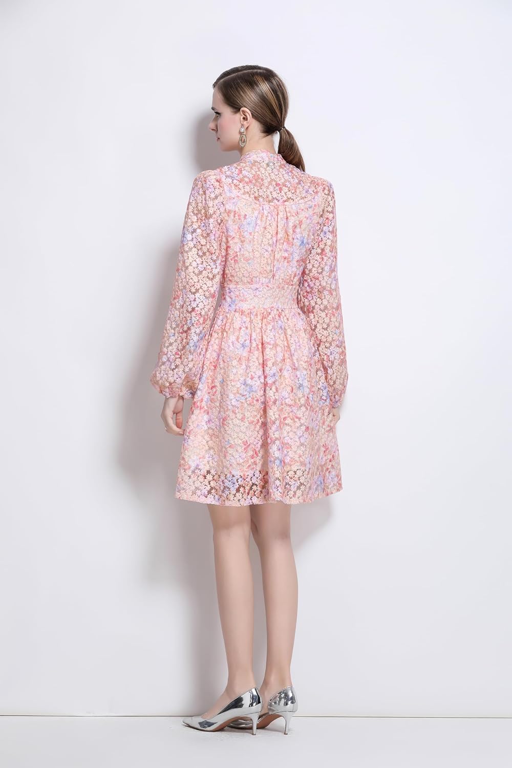 LAI MENG FIVE CATS Women's Mesh Embroidery Elegant V-Neck Button up Puff Sleeve Mini Dress