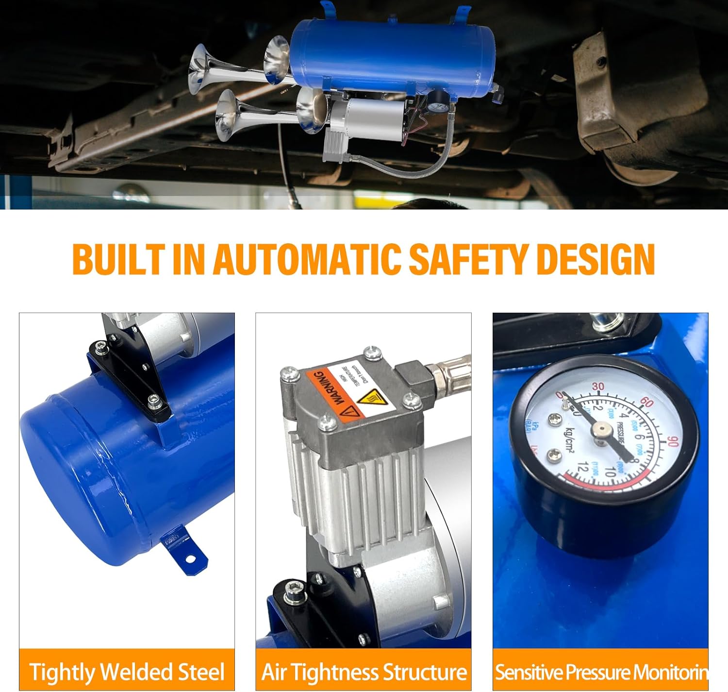 Train Horns Kit,4 Trumpet Air Horn Kit,150dB Train Horns for Pickup Trucks,12V Air Compressor 1.6 Gal/6 L Tank with Gauge for Any 12V Vehicle Car Truck Train Van Boat