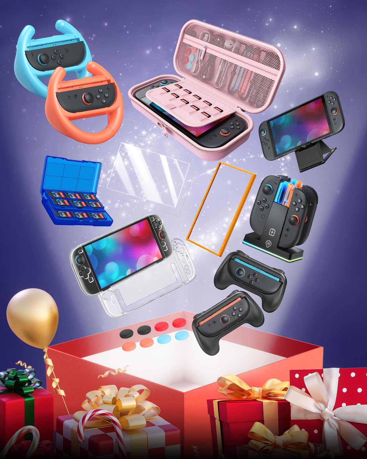 WAXITY Tasche Zubehör Bundle für Nintendo Switch 2, 22-in-1 [Aufladen im Inneren] Reisetasche Tragetasche Set für Switch 2 mit Case, Ladestation, Schutzhülle, Griffe für Joycon (Rosa)