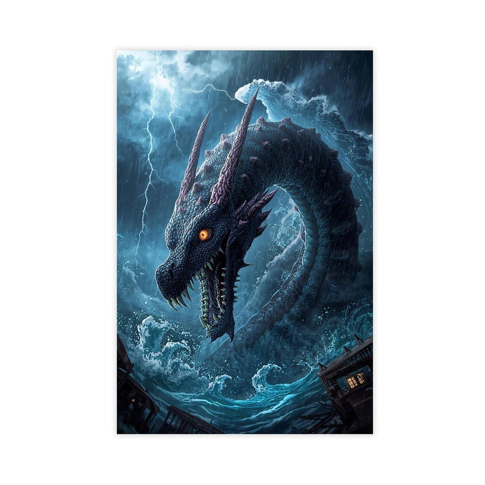 Bareronor Water Dragon - Fantasy Dragon Canvas Poster Bedroom Decor Landscape Office Room Decor Gift 20" L X 30" W