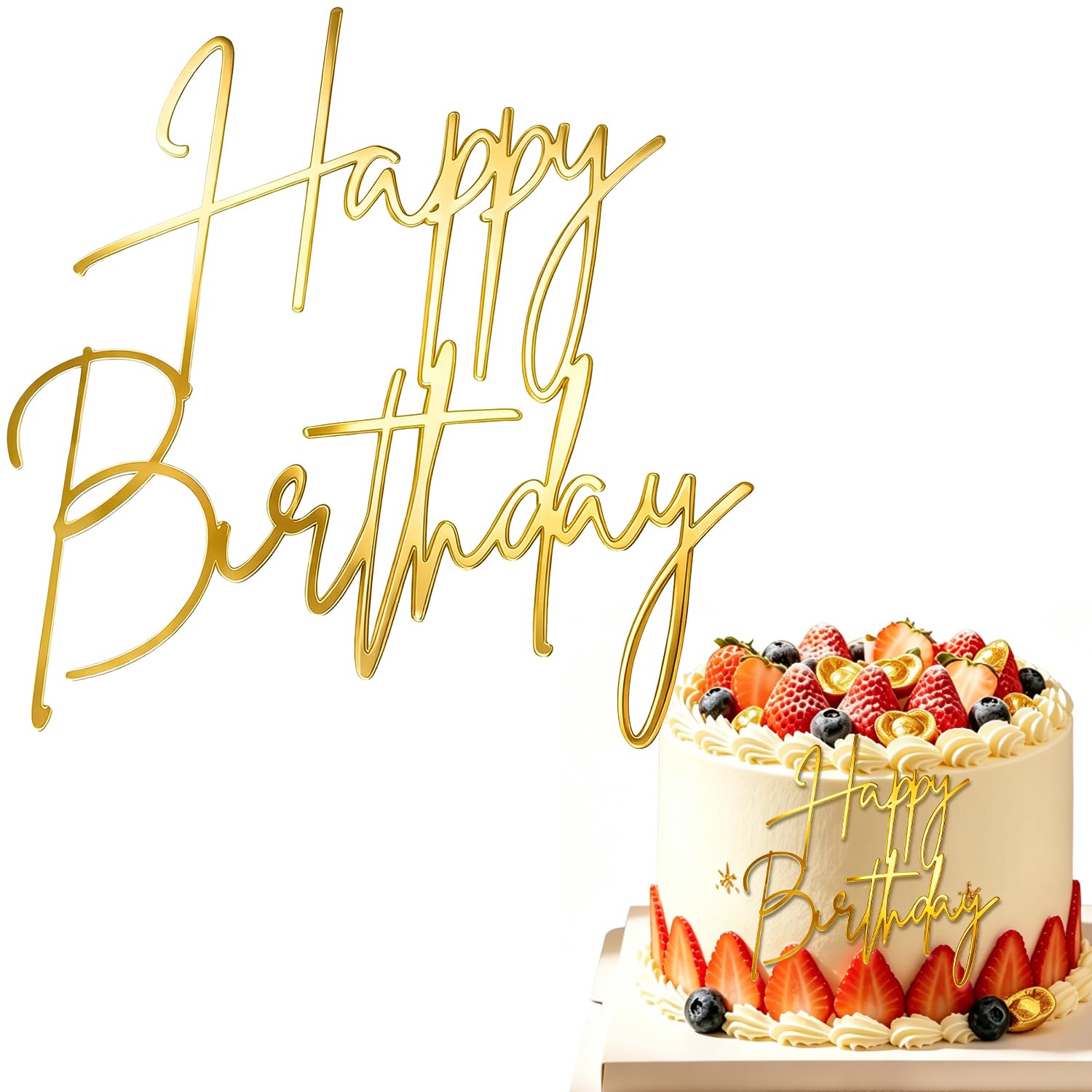 Gold Happy birthday Cake Topper, Happy-Birthday Sign Acrylic Cake Side Decoration for Women, Girls, Men, Boys (Style 3) — image 1