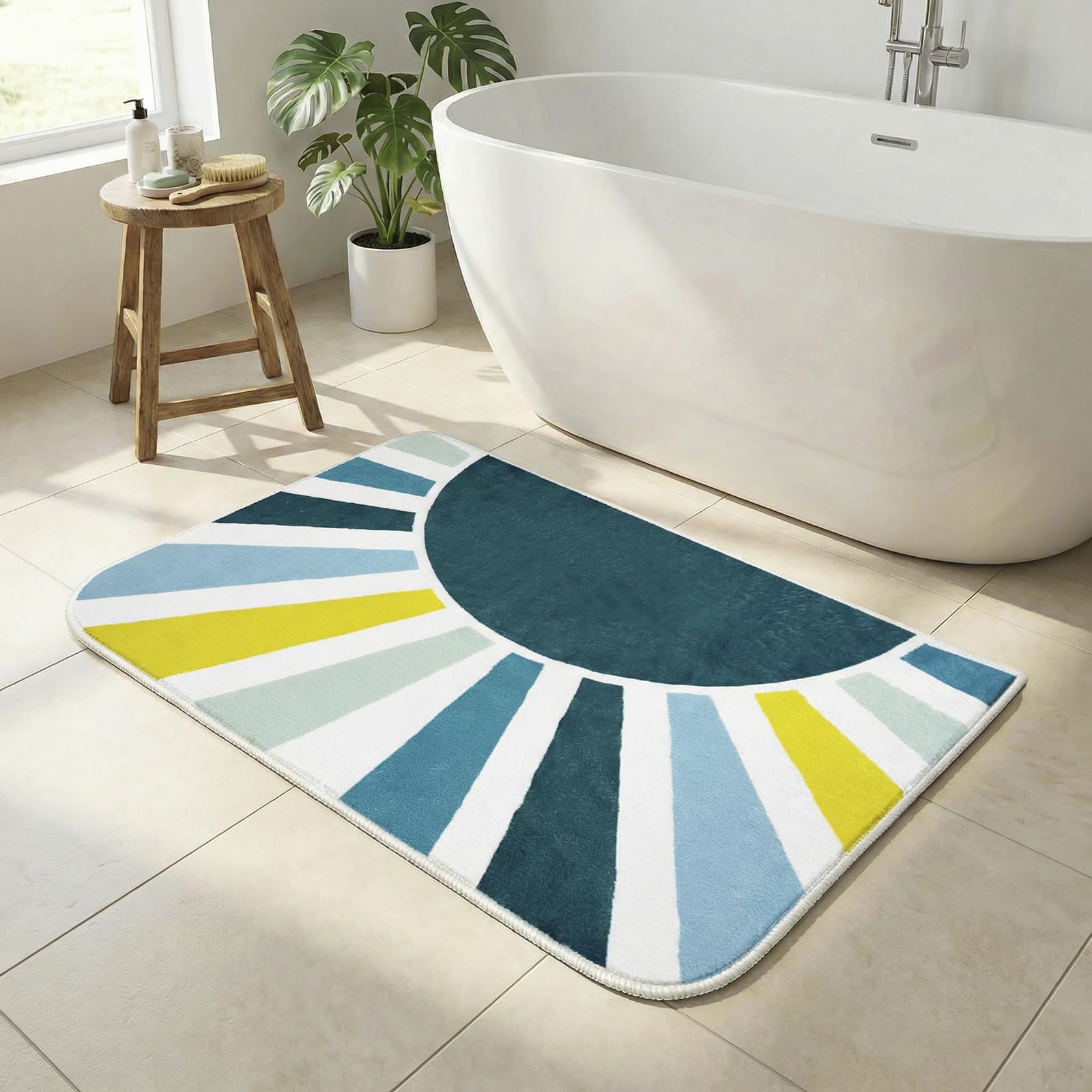 Bath Mat for Bathroom 60 x 110 CM, Large Bath Mat Non Slip for Entry Kitchen Bedroom, Soft Microfibre Bathroom Rug for Outside Shower, Low Pile Rainbow Sun Modern Throw Rug for Carpet, Blue Green