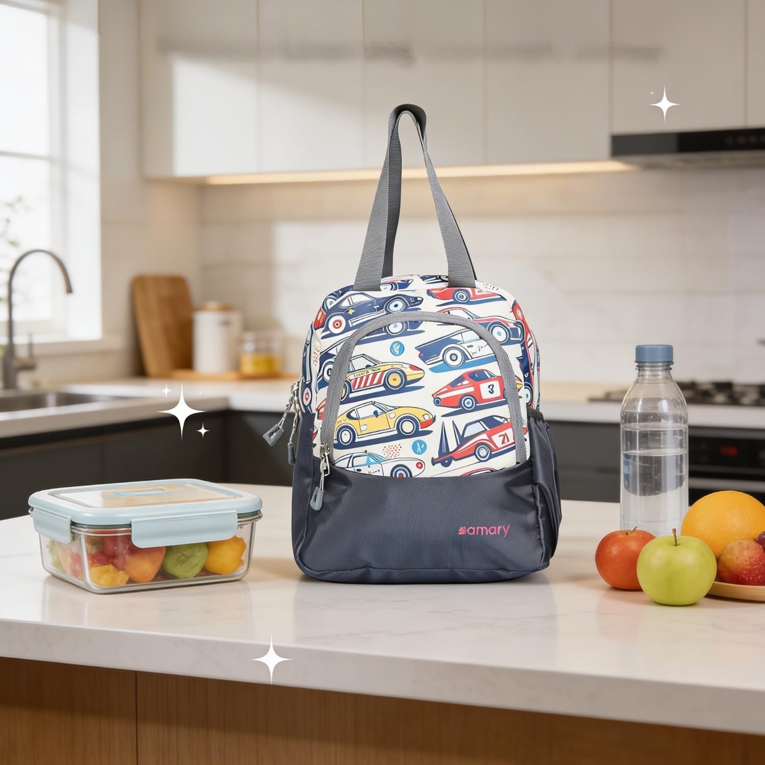 AMARY Lunch Bag Car Navy Blue | Water-Repellent Lightweight Fabric | Tiffin Bag with Bottle Holder & Front Pocket | Durable Zipper & Spacious Lunch Storage (Car Pattern, Navy Blue)-image-33