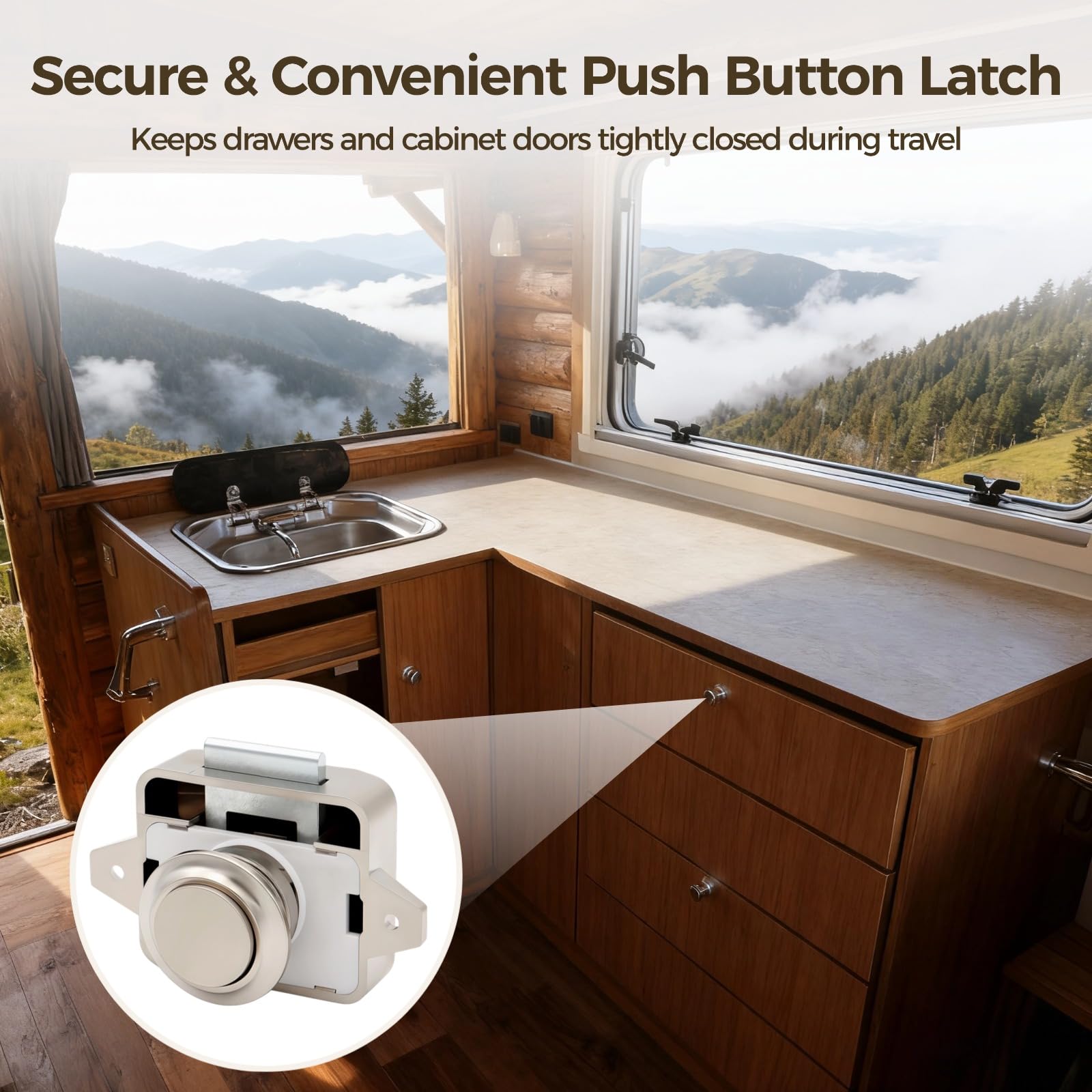 6 Sets Druckknopf-Verschlüsse, schlüssellose Push Locks für RV Schublade und Schranktür, Set mit Schließplatten und Schrauben, Kunststoff mit Metalloptik für Wohnmobil, Caravan, Camper
