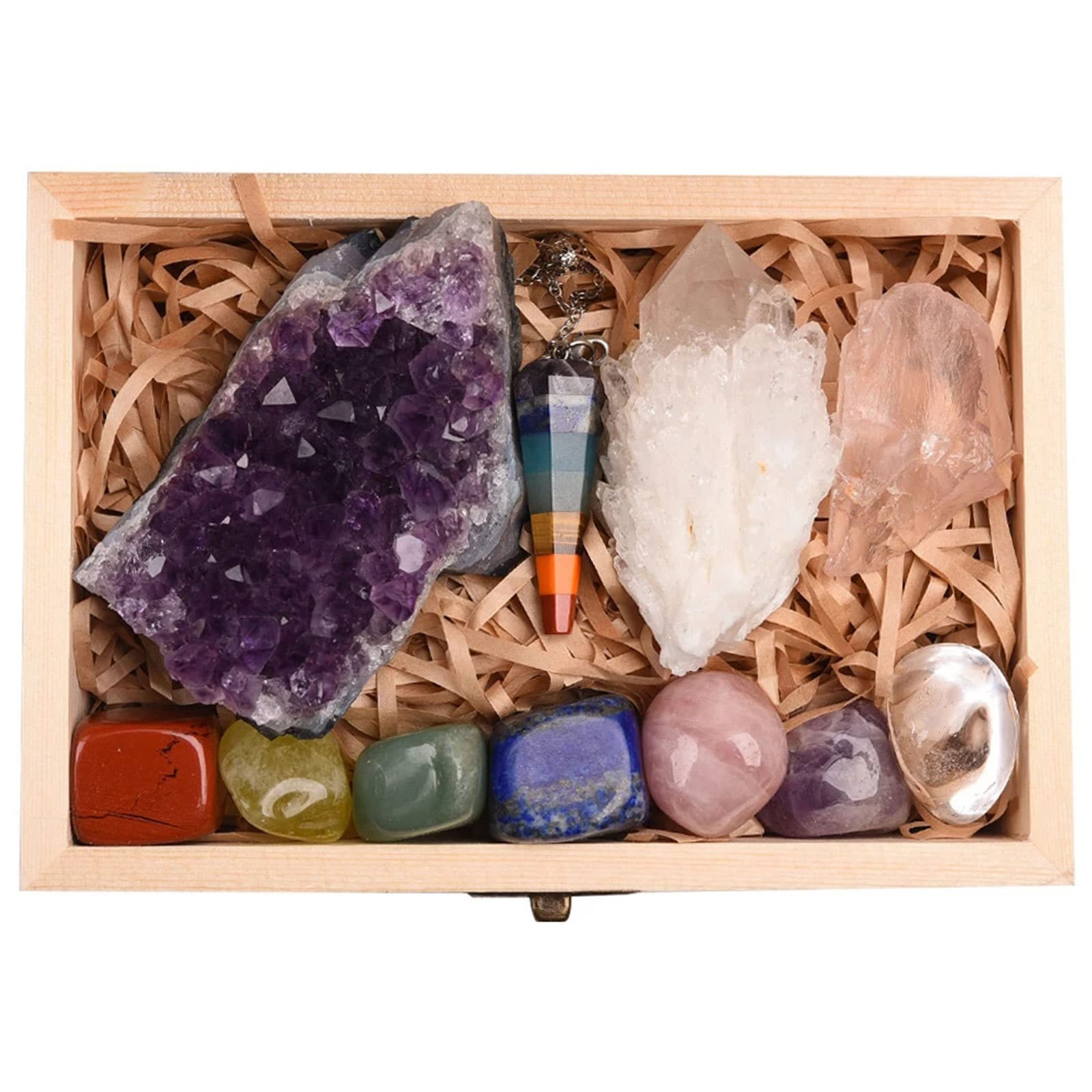11-teiliges Heilkristall-Set, Chakra-Kristalle-Set, Amethyst-Cluster/Chakra-Pendel/Klarer Quarz-Cluster/Rosenquarz/Chakren-Trommelsteine ​​in Geschenkbox aus Holz, Heilung und Meditation