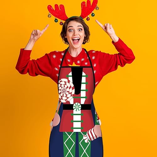 Miniatura 9 de clothmile 4 delantales de cascanueces de Navidad, delantales de cocina de Navidad, delantales de cocina ajustables, para decoración de fiesta de