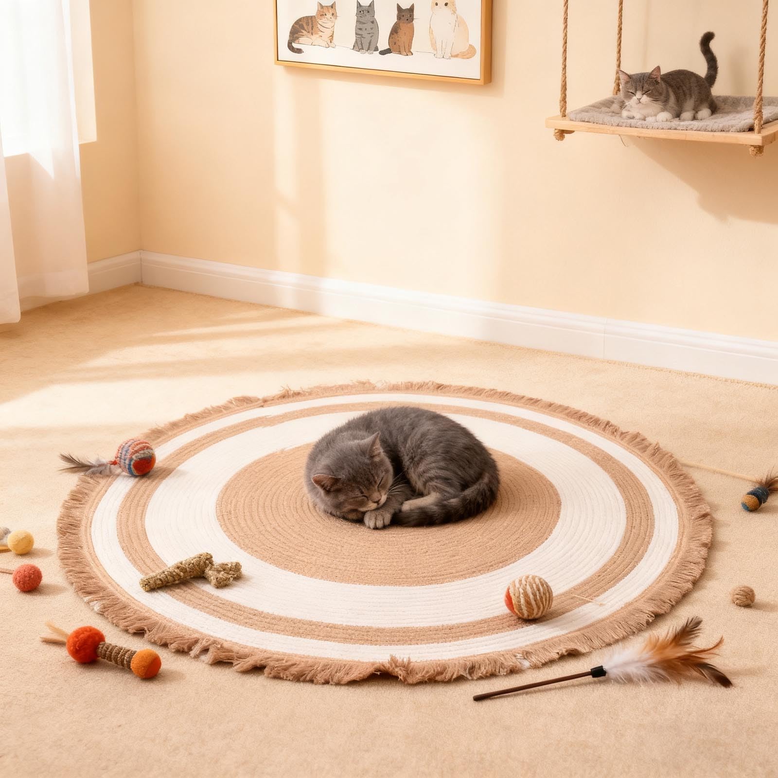 Rope Woven Cat Scratching Rug Reversible Round Floor Mat Natural Fiber Soft Textured Washable Home (R, 80cm)