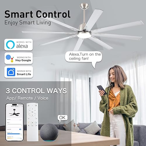 Miniatura 2 de Ventilador inteligente industrial de techo de 72 pulgadas con luz y control remoto a través de WiFi Alexa, ventilador de techo grande con 8 aspas de