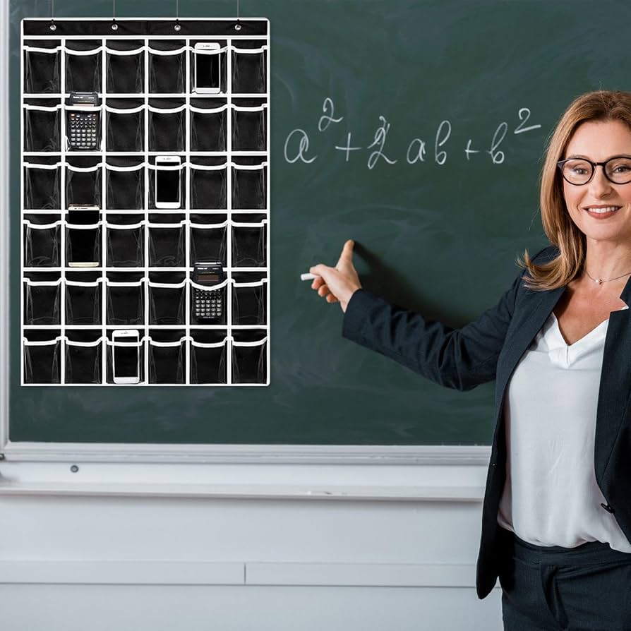 Calcolatrice per cellulare, porta calcolatrice con tasche in classe, 42 tasche trasparenti, organizer da parete per porta, con 8 ganci e adesivo numerico, per aula