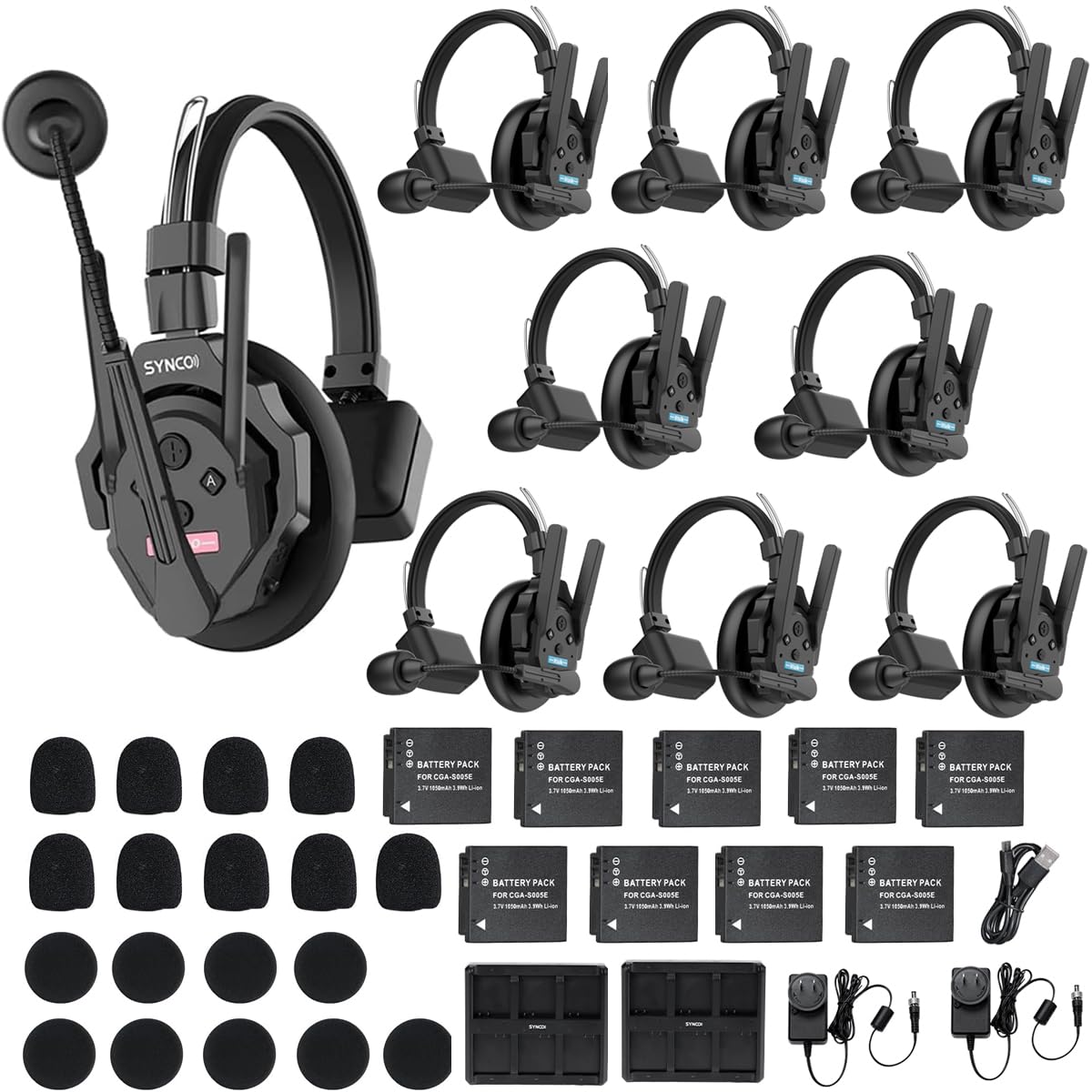 SYNCO XTALK XPRO9 X9 9-Person Wireless Intercom Headset System with Microphone Built-in Battery 350M/1148FT Operating Range Real-time Monitoring for Movie Shoot Live Show Stage Performance