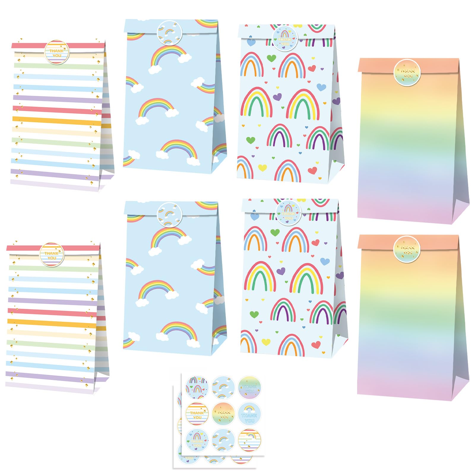 YINETTECH 40 Sacchetti Di Carta Per Regali E Feste - Arcobaleno 8 Colori Con Adesivi A Cuore, 22x11,8x7,9 Cm, Perfetti Per Compleanni Bambini E Baby Shower - 4