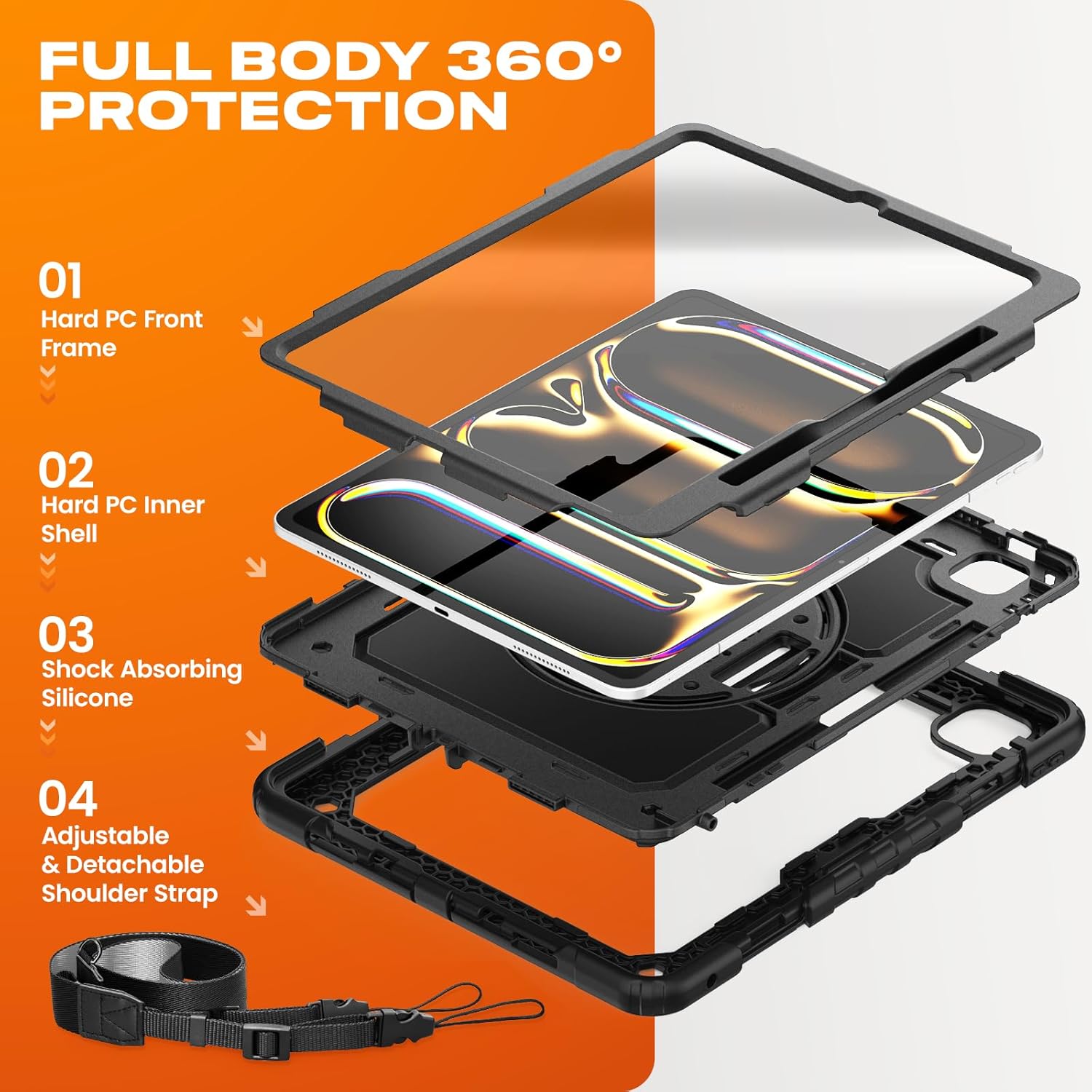 SEYMAC stock Case for iPad Pro 13-inch M5-M4 2025-2024, Shockproof Heavy Duty Case with Screen Protector, Pencil Holder, Rotating Stand, Hand Strap, Shoulder Strap, Black